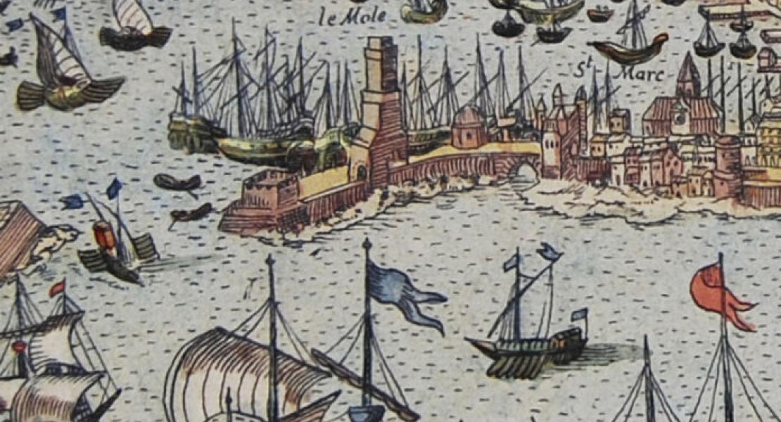 colline, case, barche a vela del '600