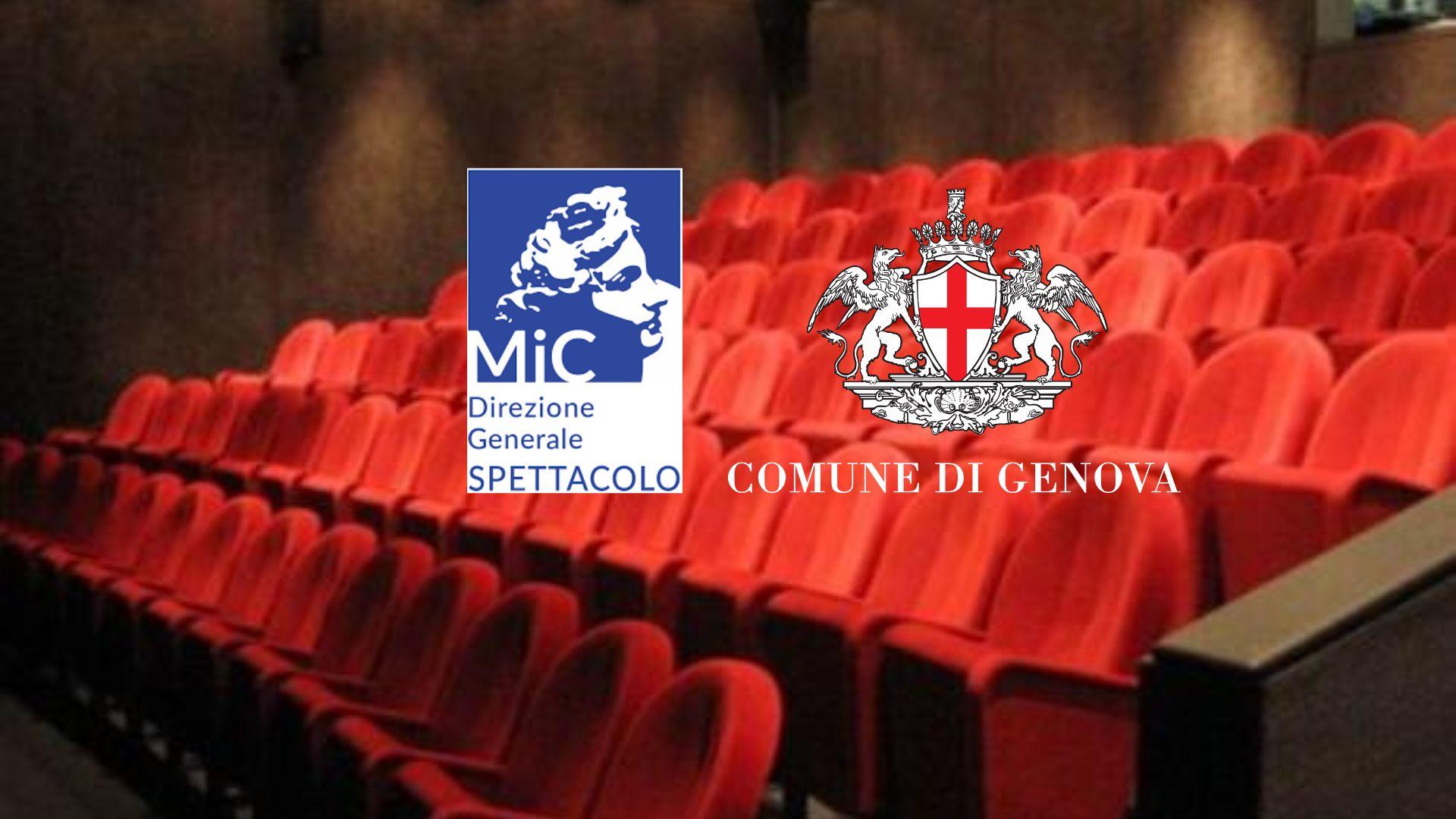poltrone di teatro  e i loghi del Mic e del Comune di Genova