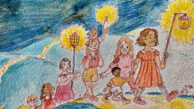 un disegno che rappresenta bambini in fila con lampade accese