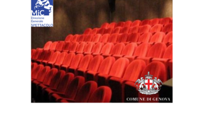 poltrone di teatro e il logo del Mic e del Comune di Genova